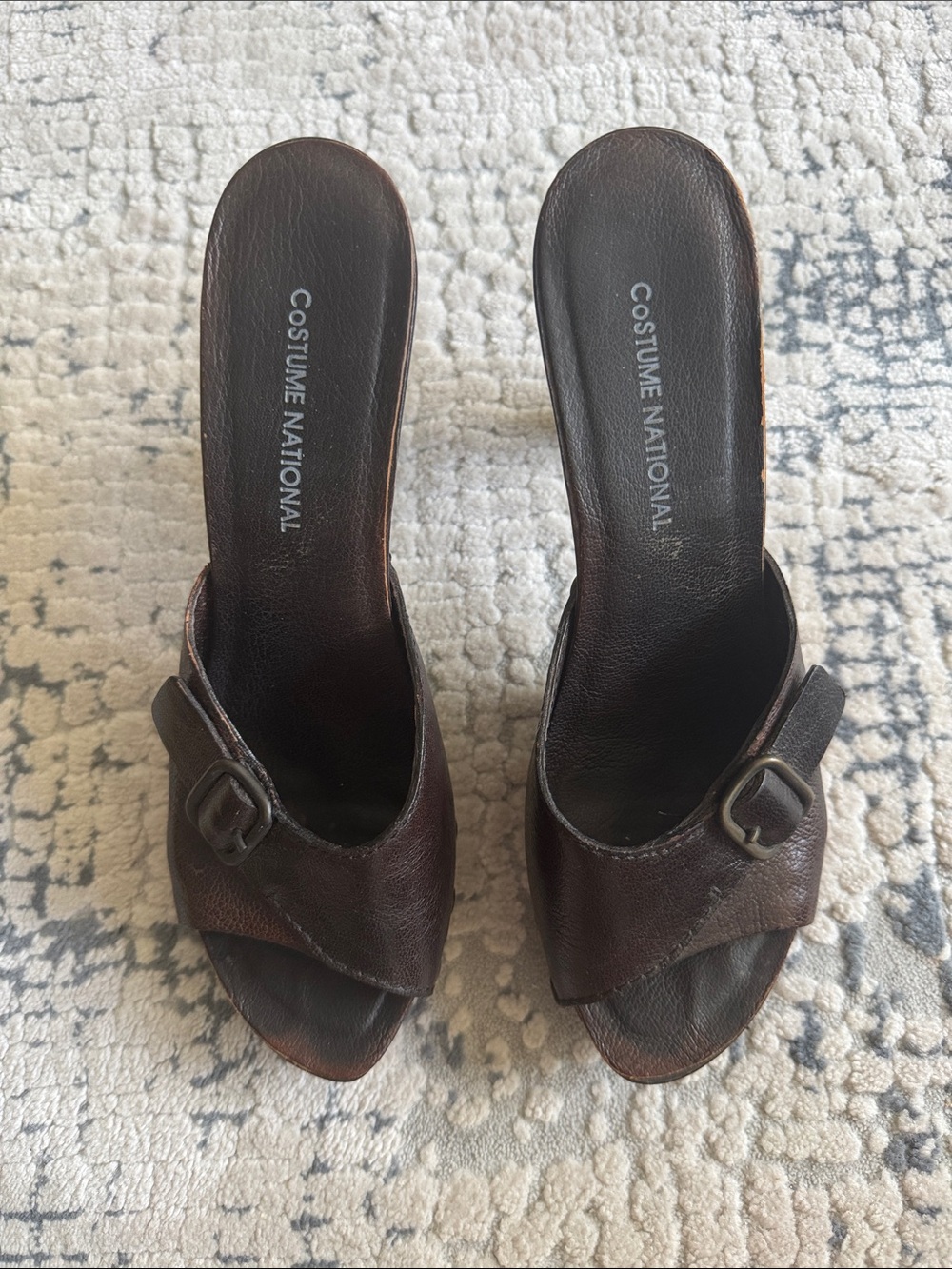 Vintage Distressed CNC Costume National Dark Brown Leather Buckle Slide Mules.